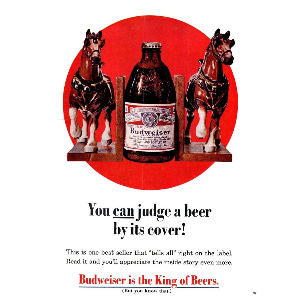 1969 Budweiser Bud Judge Beer By Its Cover Clydesdale Bookends Vintage Print Ad